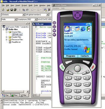 รูปแสดงการใช้งาน eMbedded Visual C++ ในการพัฒนาโปรแกรมบน Smartphone